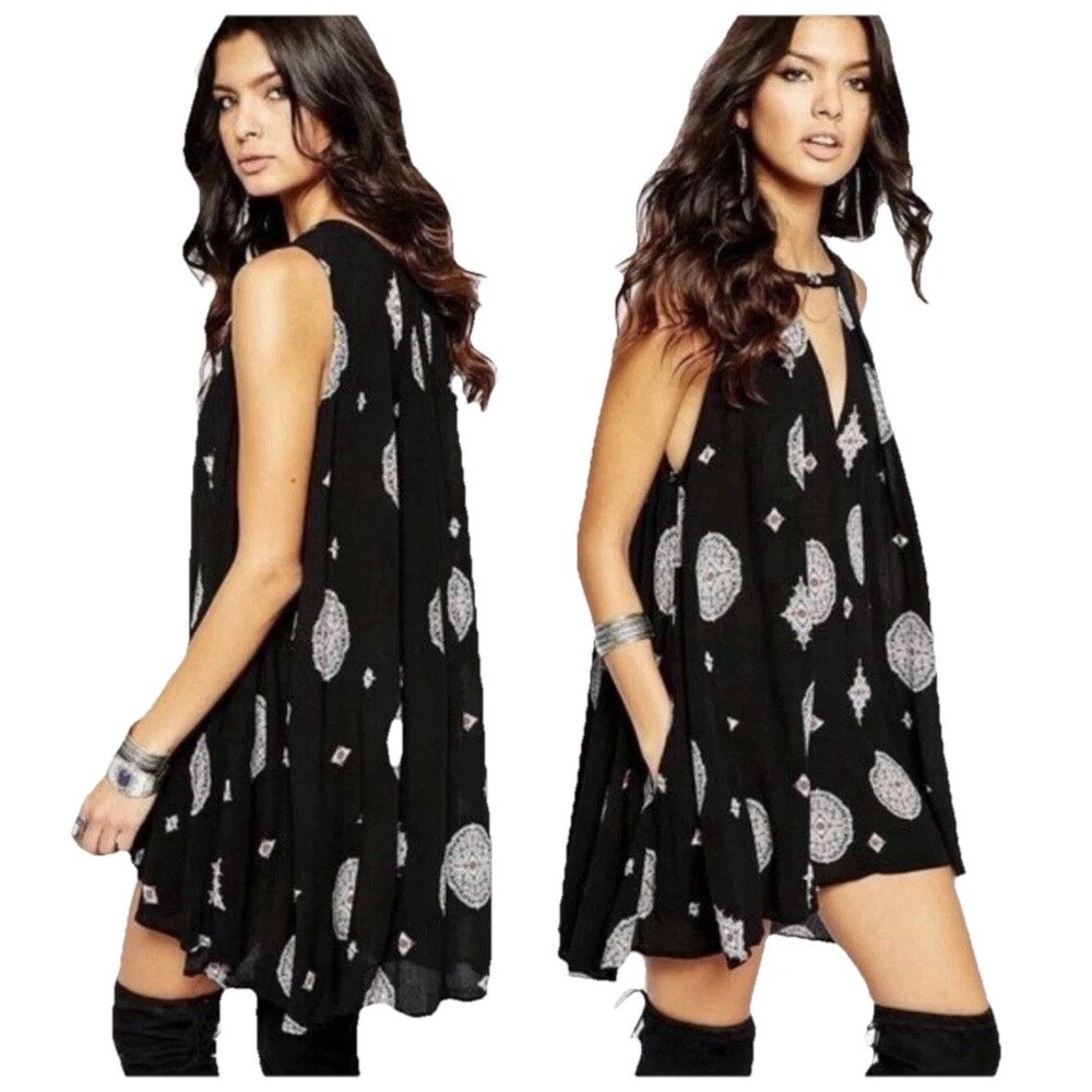 Free People Dress Tunic Mini Black Boho Bohemian Whimsigoth Whimsical SP
